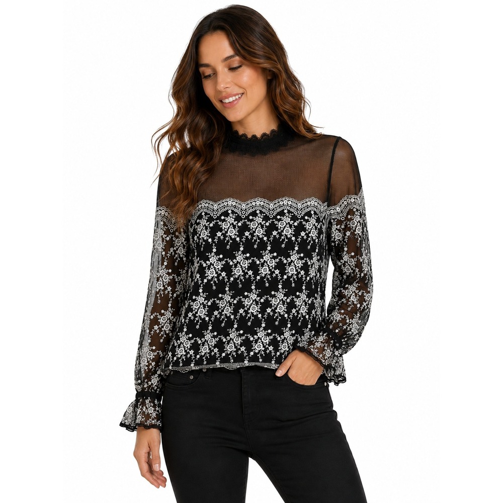 Black White Lace Mesh Top M Mock Neck Sheer Floral Embroidered Fairy Coquette